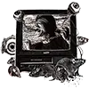 A flickering TV icon surrounded by rats and eyeballs taken from Bad Optics merchandise