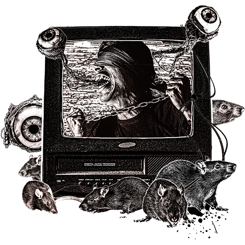 A flickering TV icon surrounded by rats and eyeballs taken from Bad Optics merchandise